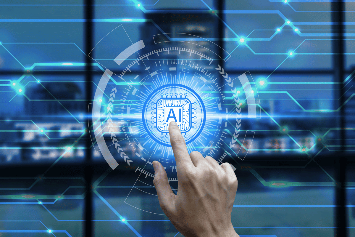 A hand pointing to a blue holographic representation of AI in payment processing.