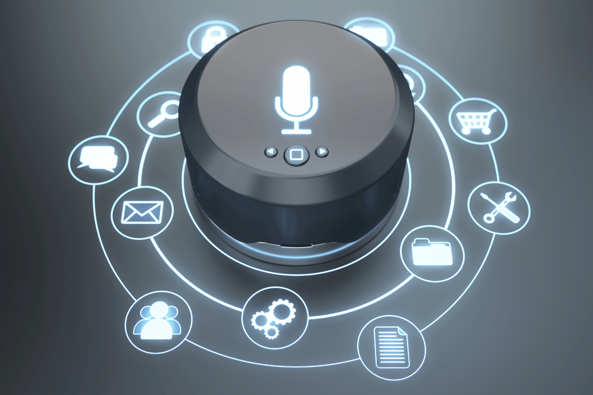 Representation of conversational AI for personalized customer experience featuring a large button with microphone icon surrounded by various other task icons.png