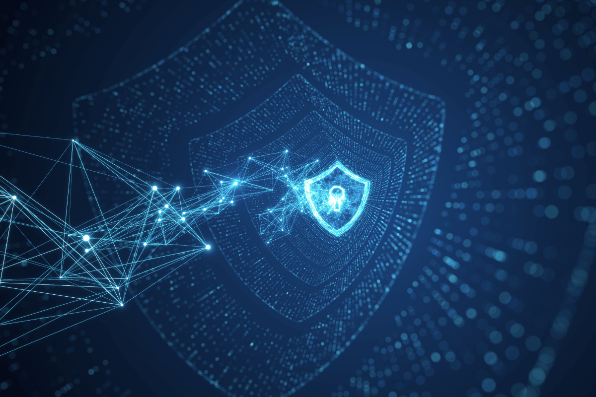 Digital representation of tech security with data and light falling inward towards a lock. 